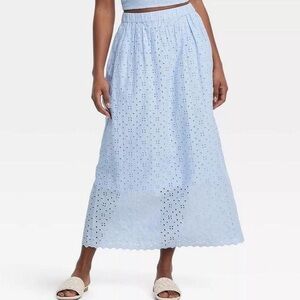 Elegant Baby Blue Eyelet Midi Skirt